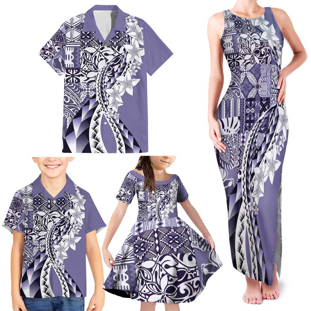 Aloha Vintage Plumeria Hawaiian Tapa Pattern Family Matching Tank Maxi Dress and Hawaiian Shirt Purple Hawaiian Tapa Pattern - Polynesian Pride