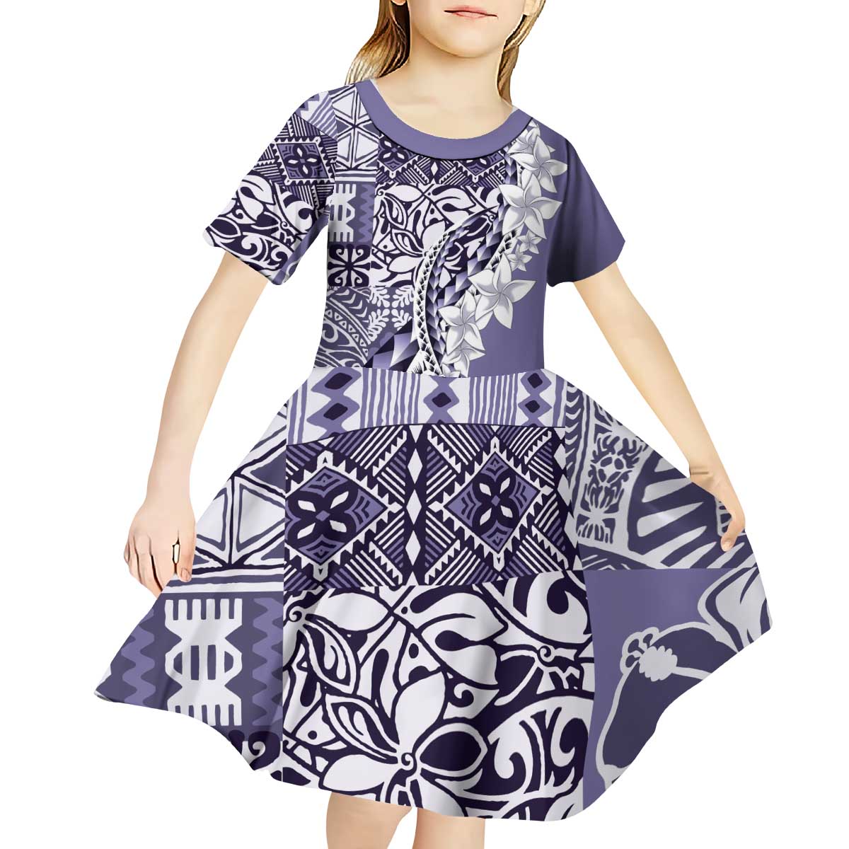 Aloha Vintage Plumeria Hawaiian Tapa Pattern Kid Short Sleeve Dress Purple Hawaiian Tapa Pattern - Polynesian Pride