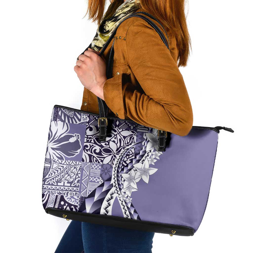 Aloha Vintage Plumeria Hawaiian Tapa Pattern Leather Tote Bag Purple Hawaiian Tapa Pattern - Polynesian Pride