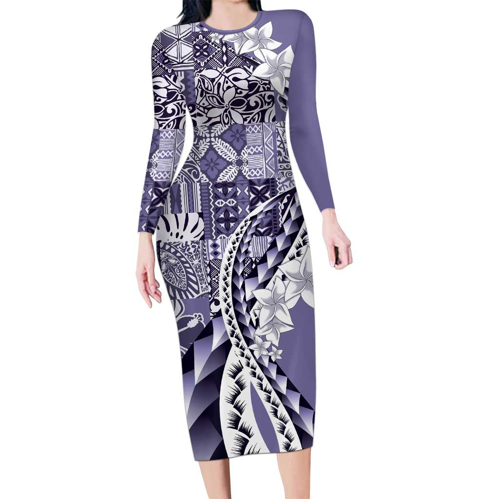Aloha Vintage Plumeria Hawaiian Tapa Pattern Long Sleeve Bodycon Dress Purple Hawaiian Tapa Pattern - Polynesian Pride