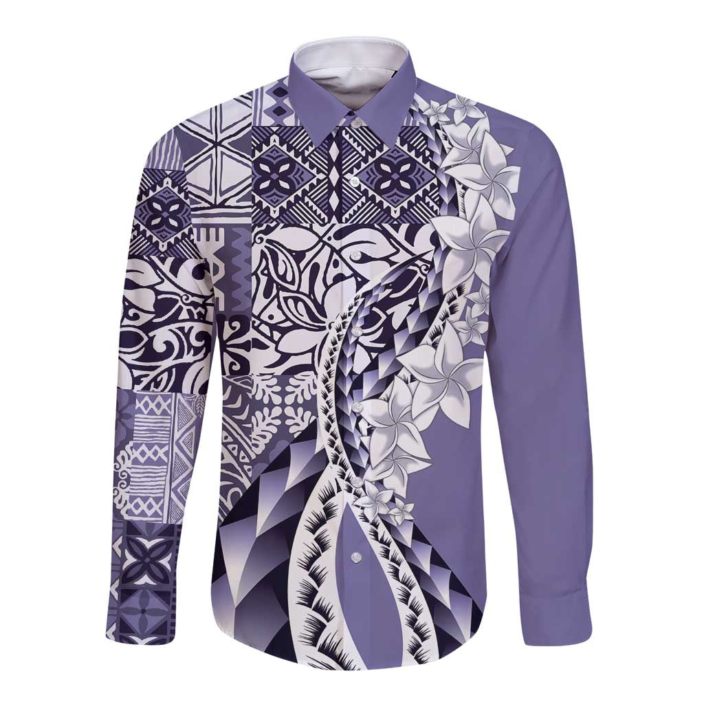 Aloha Vintage Plumeria Hawaiian Tapa Pattern Long Sleeve Button Shirt Purple Hawaiian Tapa Pattern - Polynesian Pride