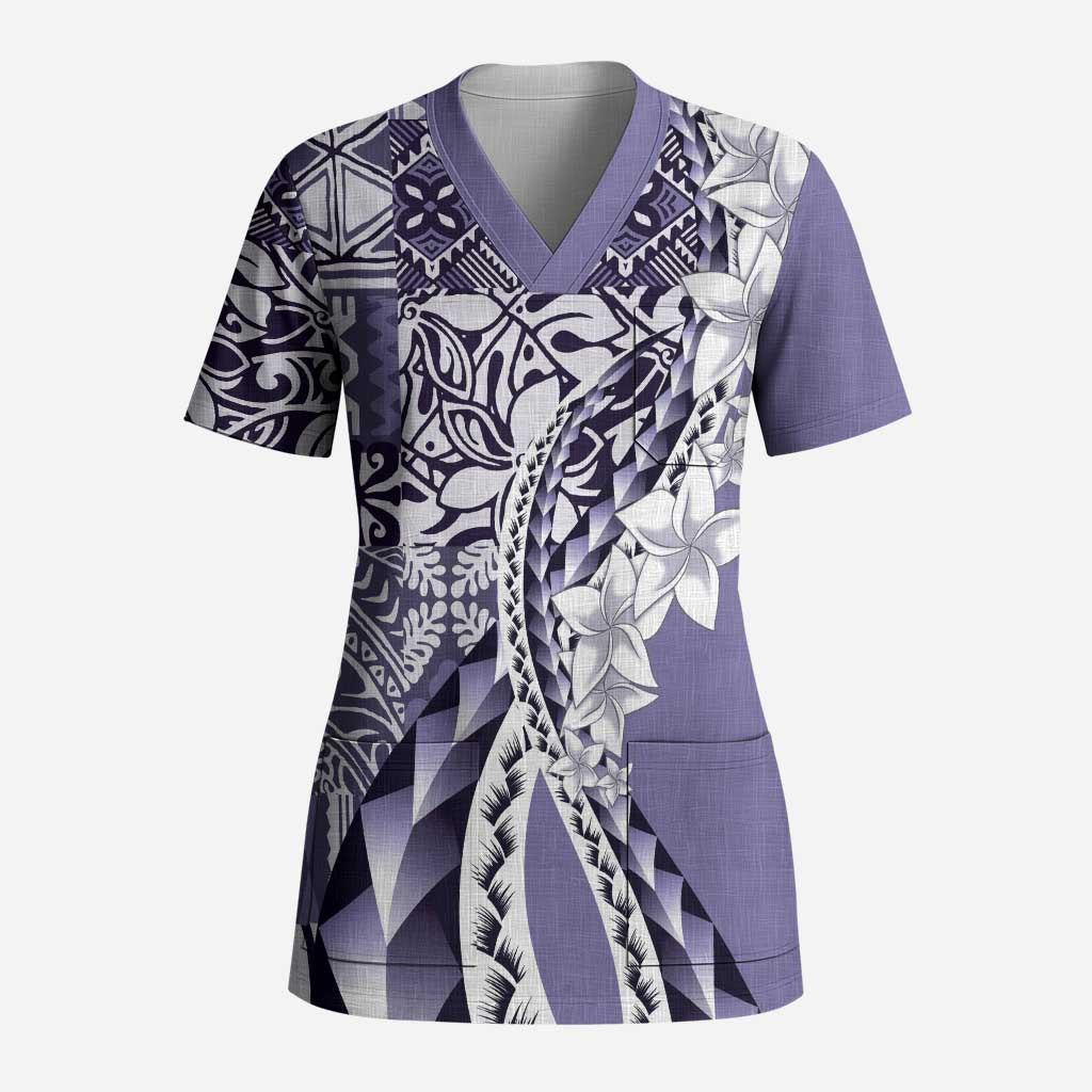 Aloha Vintage Plumeria Hawaiian Tapa Pattern Scrub Top Purple Hawaiian Tapa Pattern - Polynesian Pride