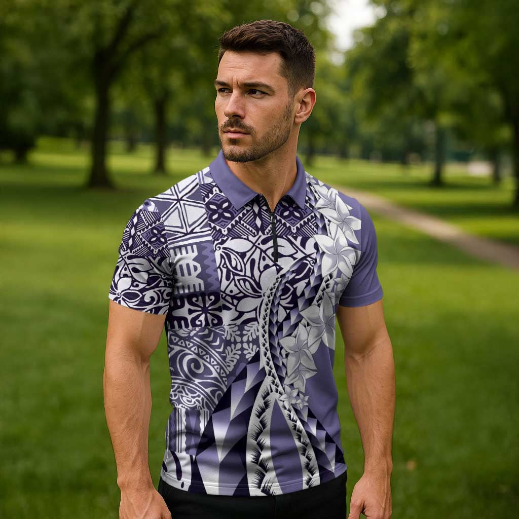 Aloha Vintage Plumeria Hawaiian Tapa Pattern Zipper Polo Shirt Purple Hawaiian Tapa Pattern - Polynesian Pride