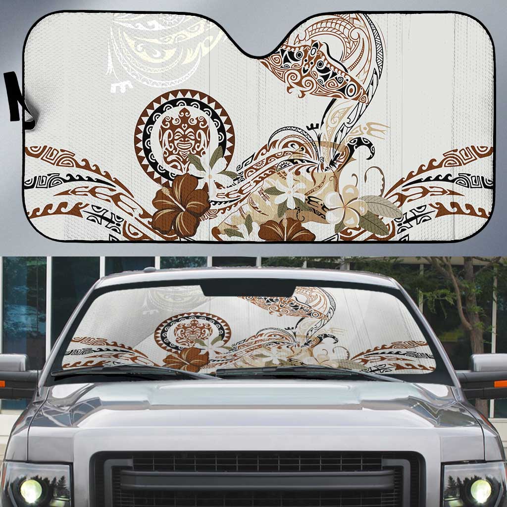 Polynesian Manta Ray Auto Sun Shade Beige Floral Turtle Tattoo - Polynesian Pride