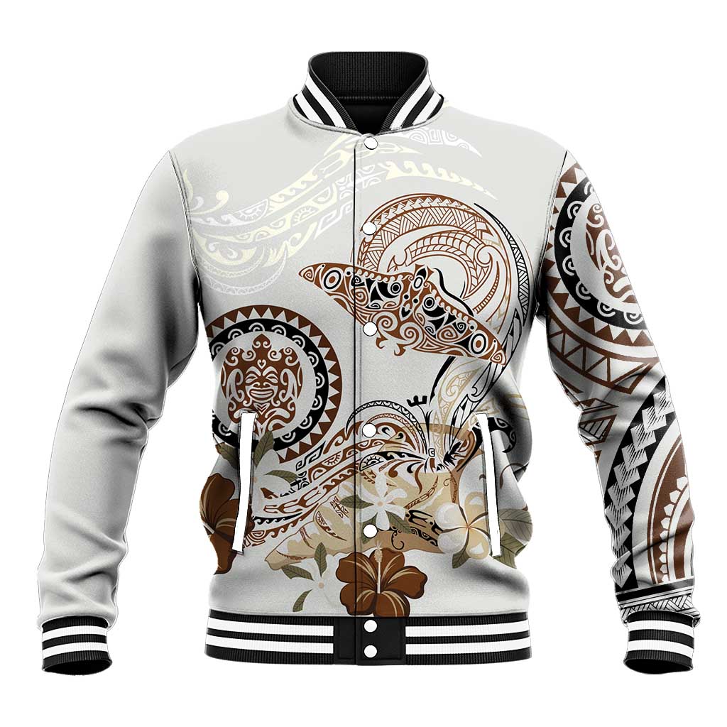Polynesian Manta Ray Baseball Jacket Beige Floral Turtle Tattoo - Polynesian Pride
