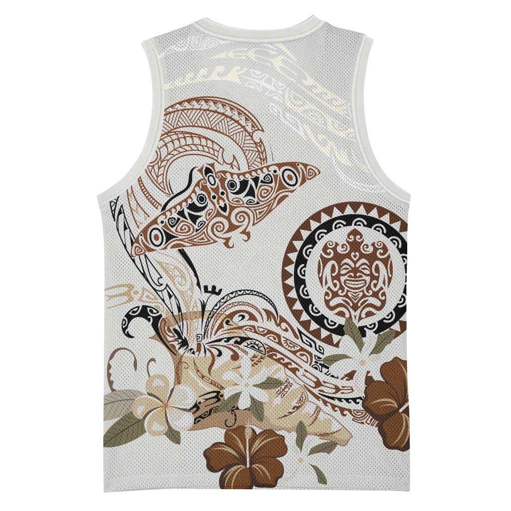 Polynesian Manta Ray Basketball Jersey Beige Floral Turtle Tattoo - Polynesian Pride