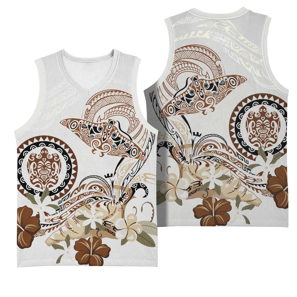 Polynesian Manta Ray Basketball Jersey Beige Floral Turtle Tattoo - Polynesian Pride