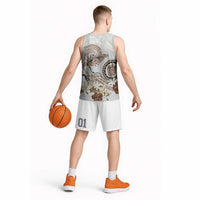 Polynesian Manta Ray Basketball Jersey Beige Floral Turtle Tattoo - Polynesian Pride