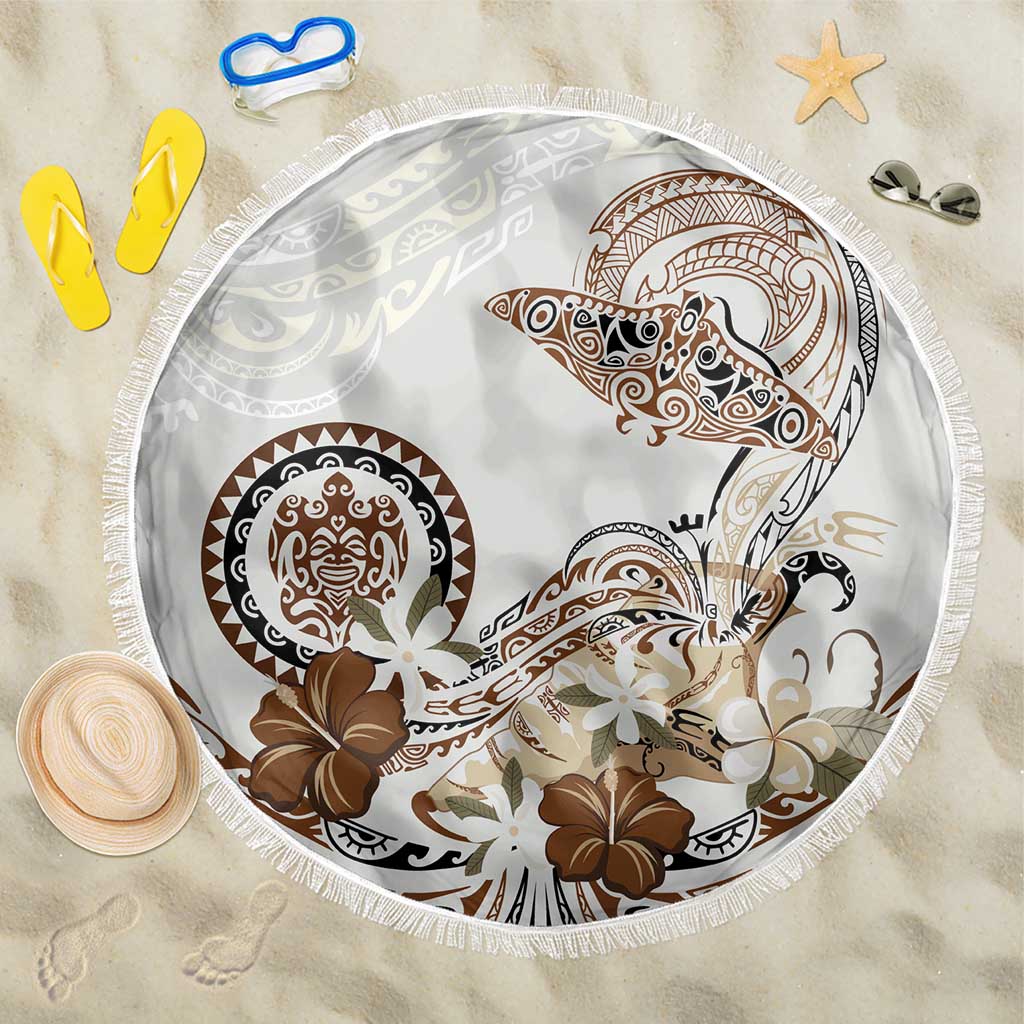 Polynesian Manta Ray Beach Blanket Beige Floral Turtle Tattoo - Polynesian Pride