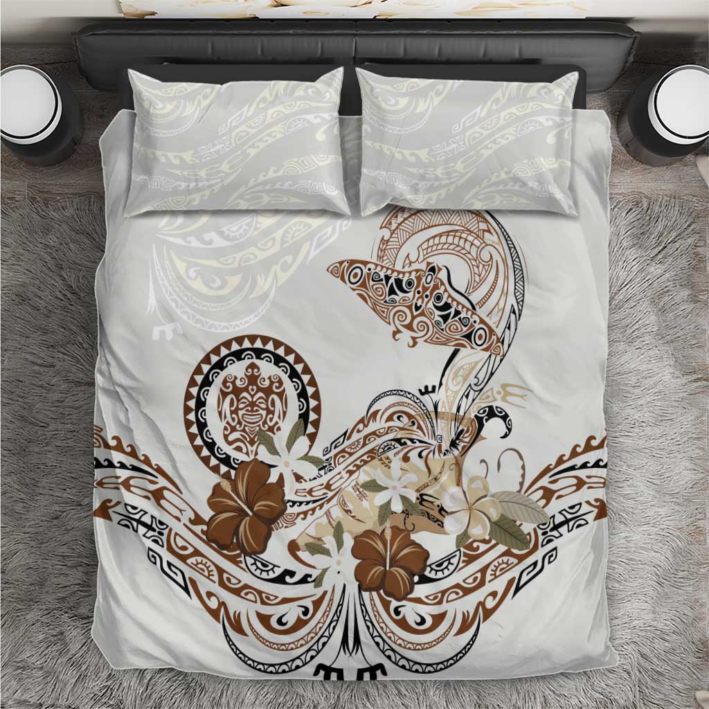 Polynesian Manta Ray Bedding Set Beige Floral Turtle Tattoo - Polynesian Pride