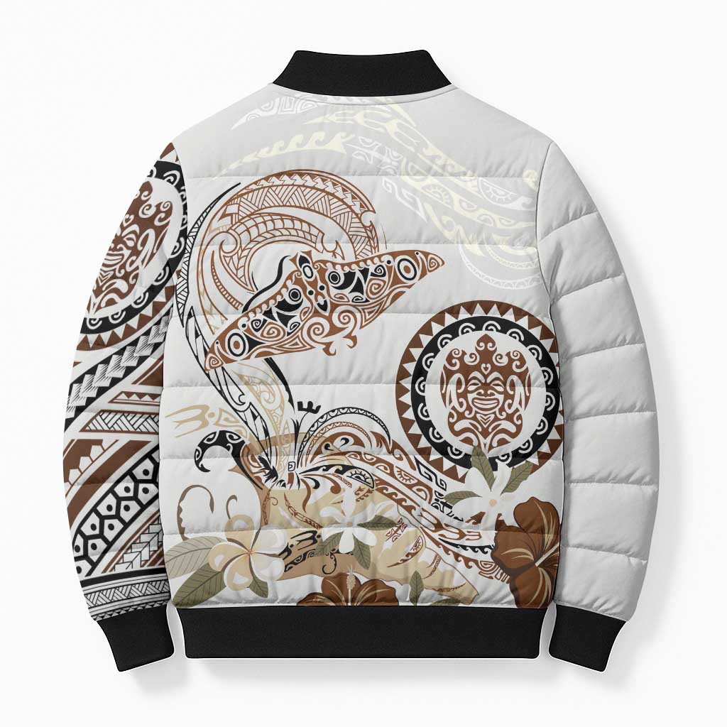 Polynesian Manta Ray Bomber Puffer Jacket Beige Floral Turtle Tattoo - Polynesian Pride