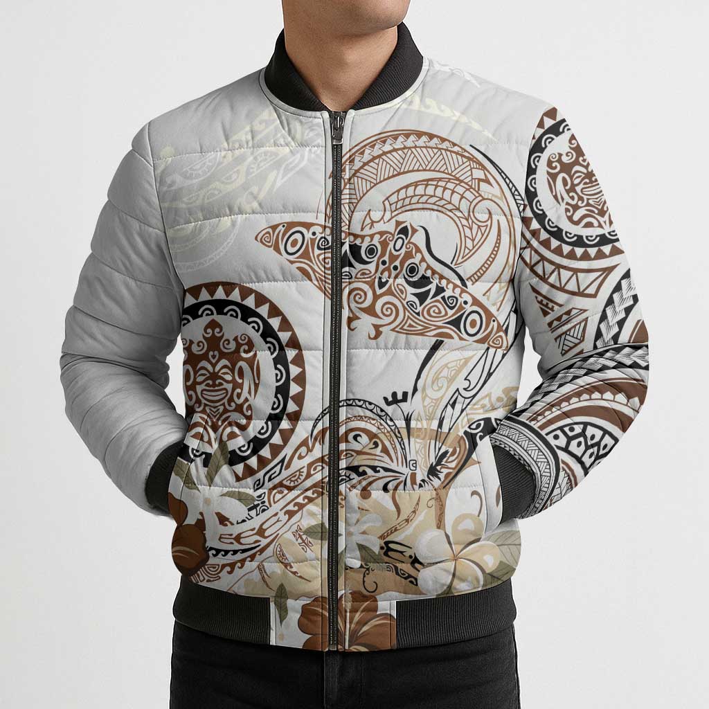 Polynesian Manta Ray Bomber Puffer Jacket Beige Floral Turtle Tattoo - Polynesian Pride