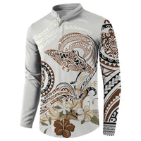 Polynesian Manta Ray Button Sweatshirt Beige Floral Turtle Tattoo - Polynesian Pride