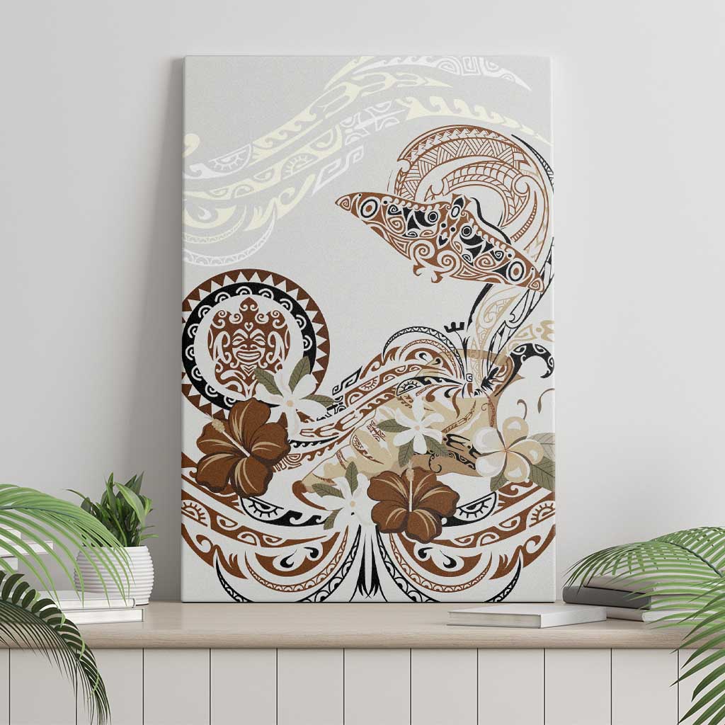 Polynesian Manta Ray Canvas Wall Art Beige Floral Turtle Tattoo - Polynesian Pride