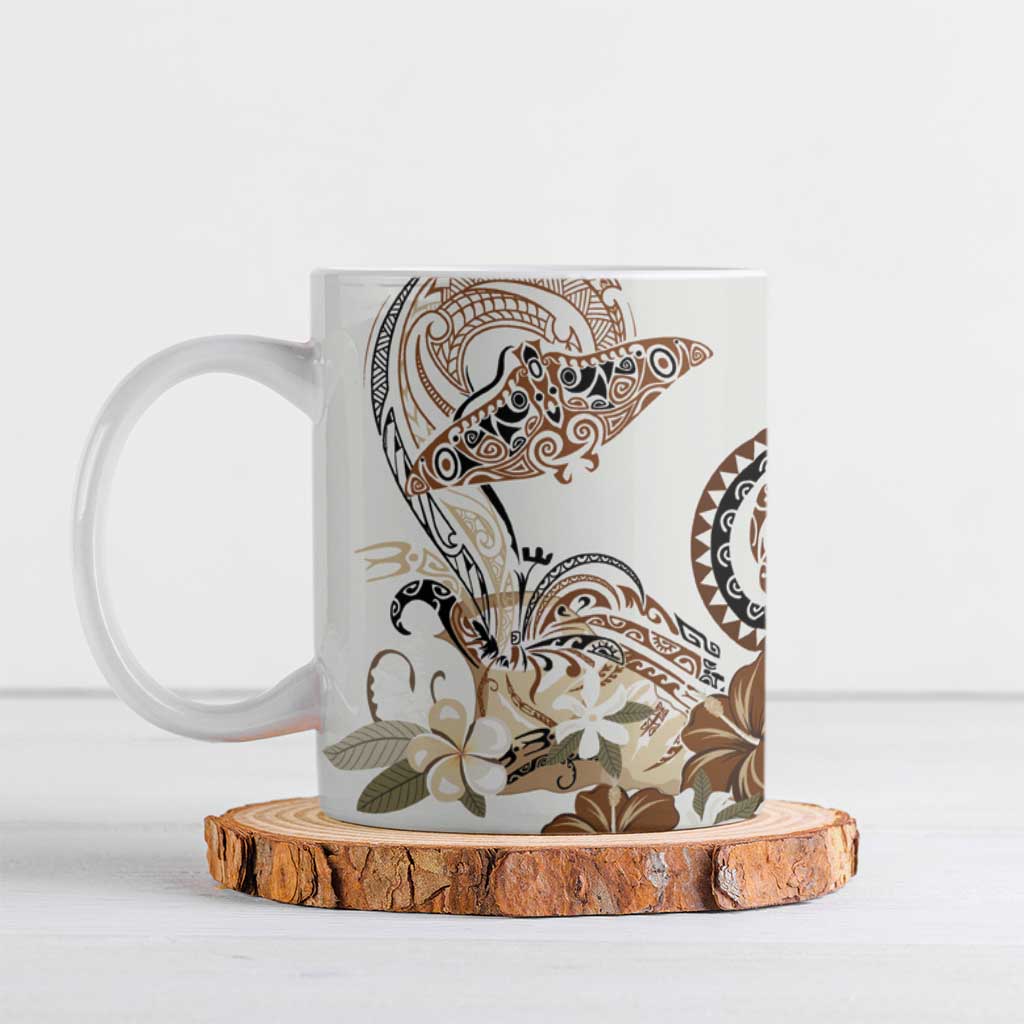 Polynesian Manta Ray Ceramic Mug Beige Floral Turtle Tattoo - Polynesian Pride