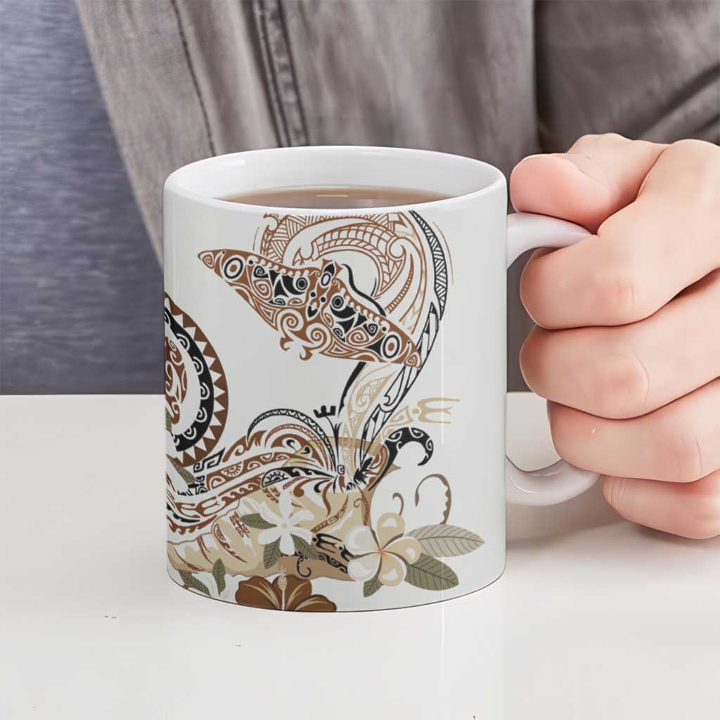 Polynesian Manta Ray Ceramic Mug Beige Floral Turtle Tattoo - Polynesian Pride