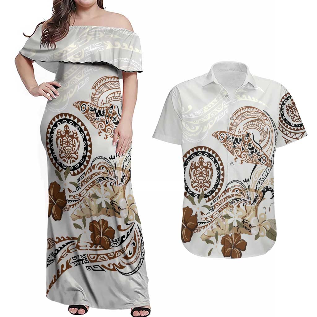 Polynesian Manta Ray Couples Matching Off Shoulder Maxi Dress and Hawaiian Shirt Beige Floral Turtle Tattoo - Polynesian Pride