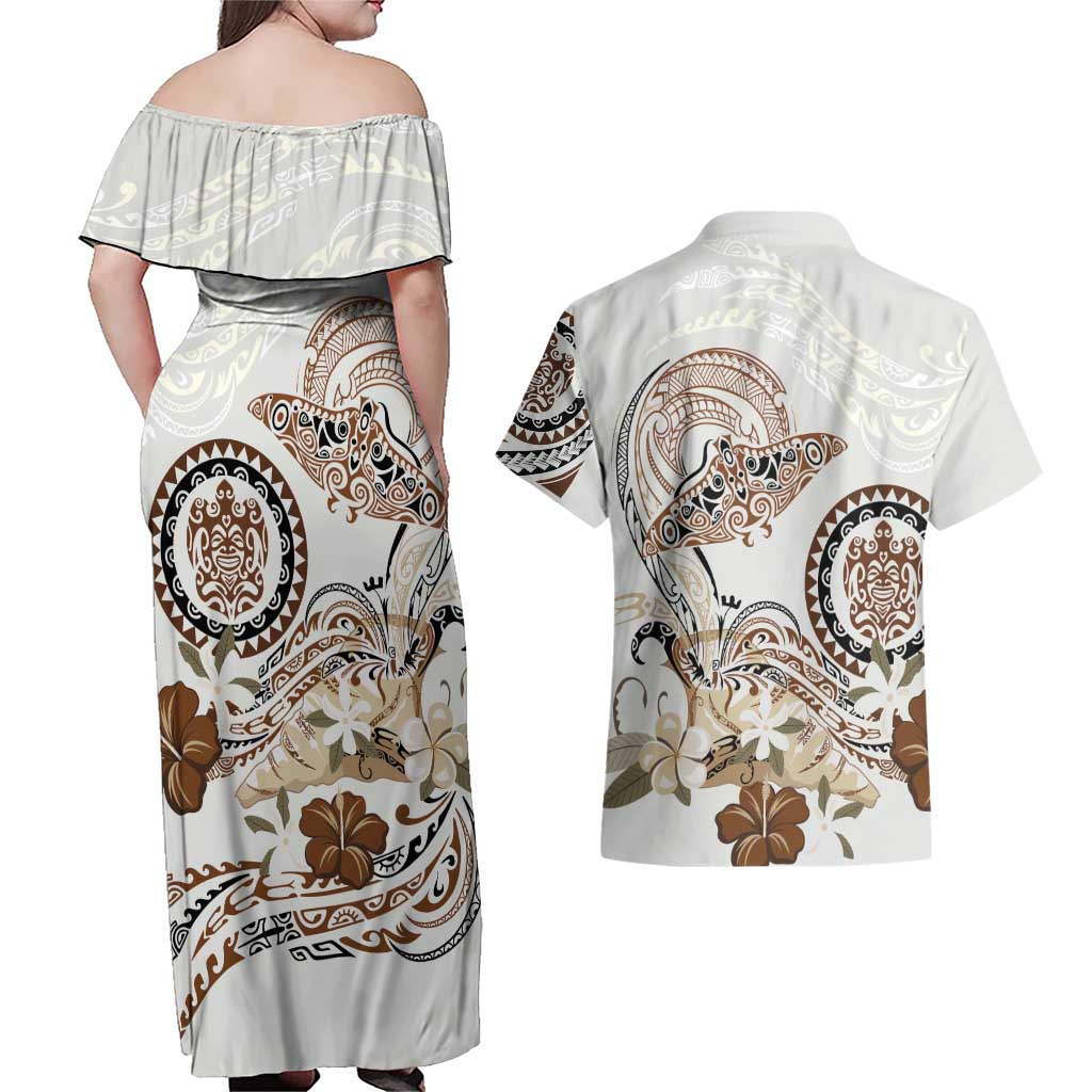 Polynesian Manta Ray Couples Matching Off Shoulder Maxi Dress and Hawaiian Shirt Beige Floral Turtle Tattoo - Polynesian Pride