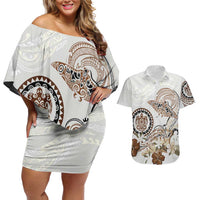 Polynesian Manta Ray Couples Matching Off Shoulder Short Dress and Hawaiian Shirt Beige Floral Turtle Tattoo - Polynesian Pride