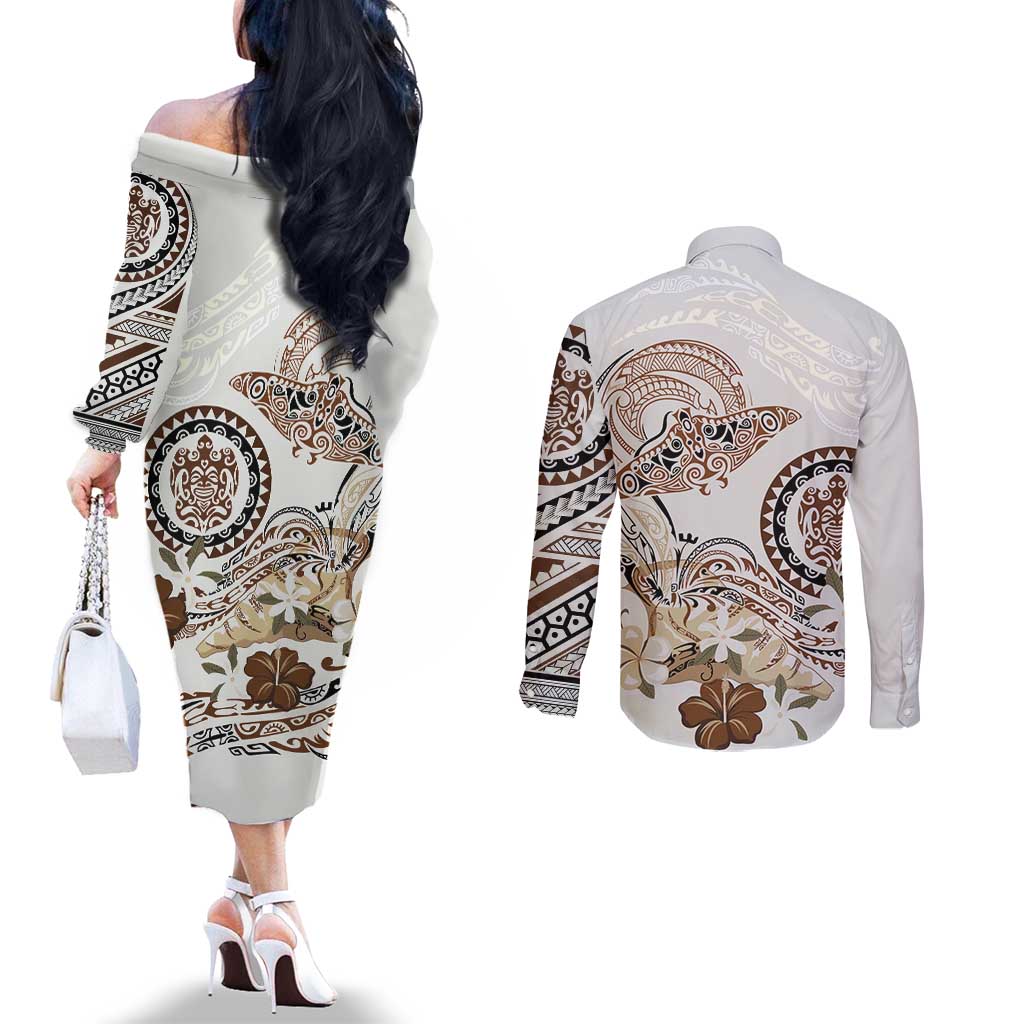 Polynesian Manta Ray Couples Matching Off The Shoulder Long Sleeve Dress and Long Sleeve Button Shirt Beige Floral Turtle Tattoo - Polynesian Pride