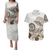 Polynesian Manta Ray Couples Matching Puletasi and Hawaiian Shirt Beige Floral Turtle Tattoo - Polynesian Pride