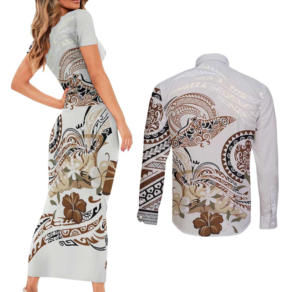 Polynesian Manta Ray Couples Matching Short Sleeve Bodycon Dress and Long Sleeve Button Shirt Beige Floral Turtle Tattoo - Polynesian Pride