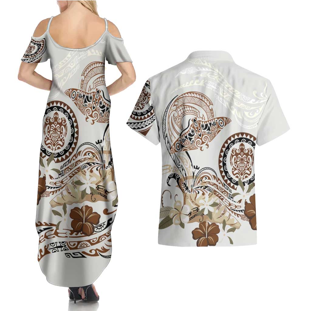 Polynesian Manta Ray Couples Matching Summer Maxi Dress and Hawaiian Shirt Beige Floral Turtle Tattoo - Polynesian Pride