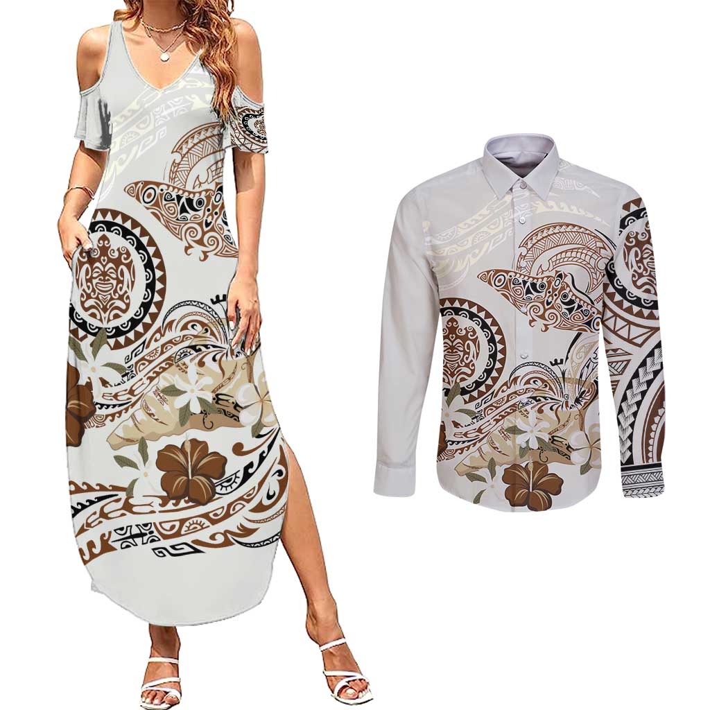 Polynesian Manta Ray Couples Matching Summer Maxi Dress and Long Sleeve Button Shirt Beige Floral Turtle Tattoo - Polynesian Pride