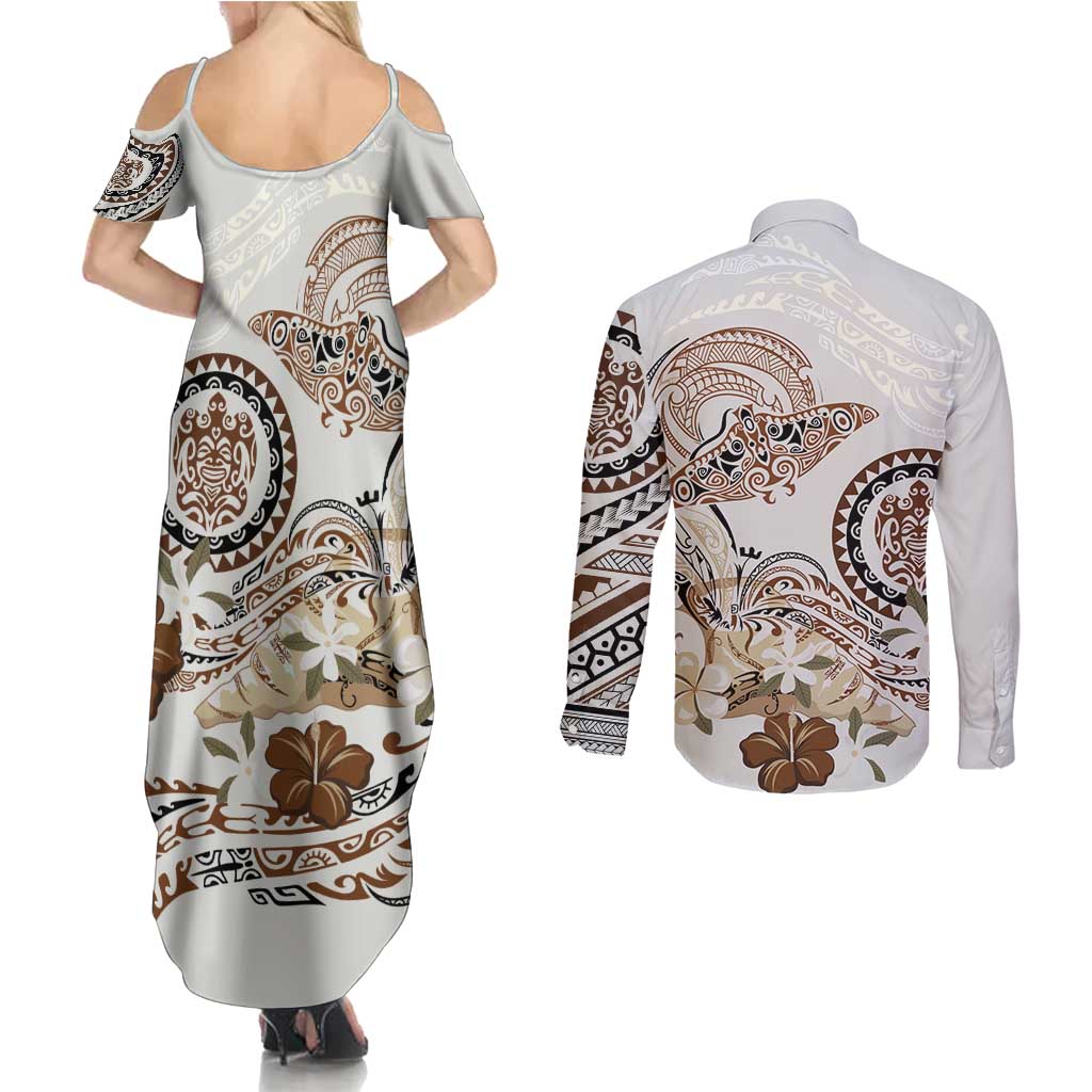 Polynesian Manta Ray Couples Matching Summer Maxi Dress and Long Sleeve Button Shirt Beige Floral Turtle Tattoo - Polynesian Pride