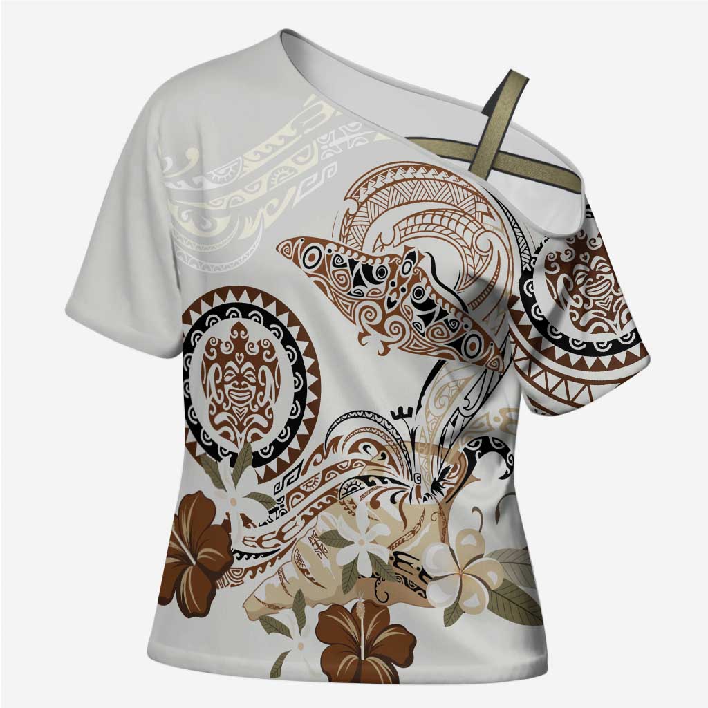 Polynesian Manta Ray Cross Shoulder Shirt Beige Floral Turtle Tattoo - Polynesian Pride