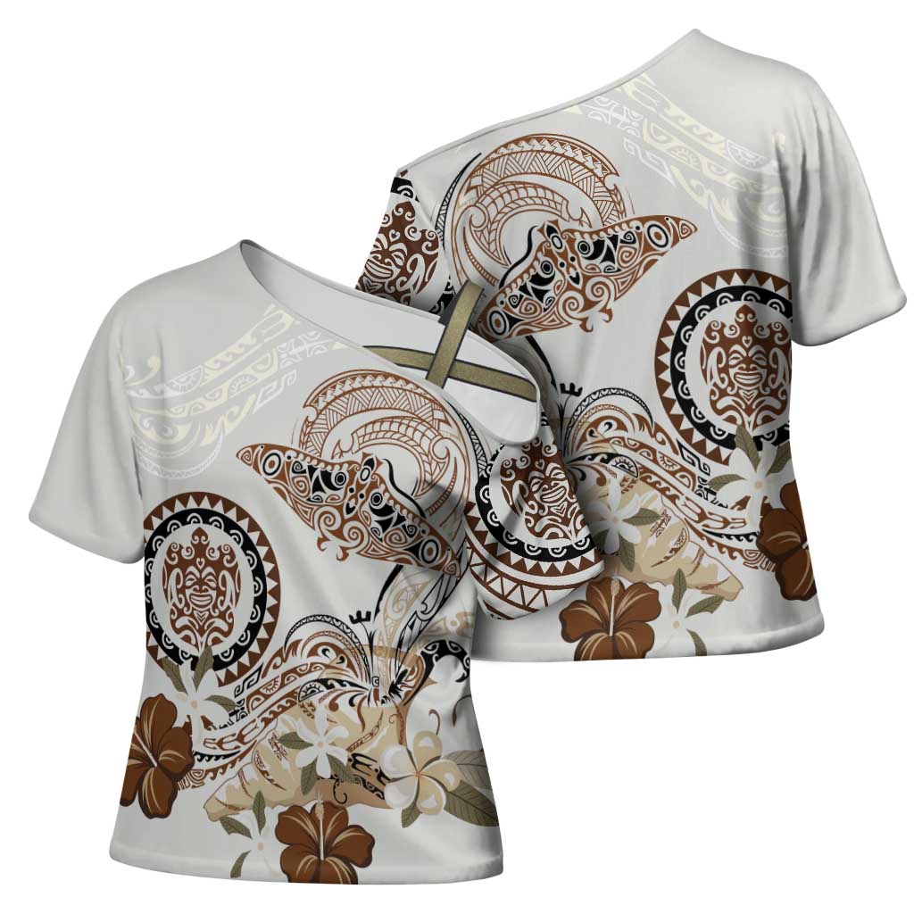 Polynesian Manta Ray Cross Shoulder Shirt Beige Floral Turtle Tattoo - Polynesian Pride