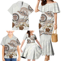 Polynesian Manta Ray Family Matching Mermaid Dress and Hawaiian Shirt Beige Floral Turtle Tattoo - Polynesian Pride