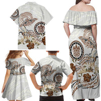 Polynesian Manta Ray Family Matching Off Shoulder Maxi Dress and Hawaiian Shirt Beige Floral Turtle Tattoo - Polynesian Pride