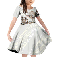 Polynesian Manta Ray Family Matching Off Shoulder Short Dress and Hawaiian Shirt Beige Floral Turtle Tattoo - Polynesian Pride