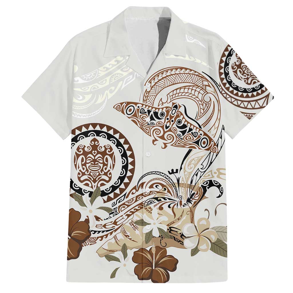 Polynesian Manta Ray Family Matching Summer Maxi Dress and Hawaiian Shirt Beige Floral Turtle Tattoo - Polynesian Pride