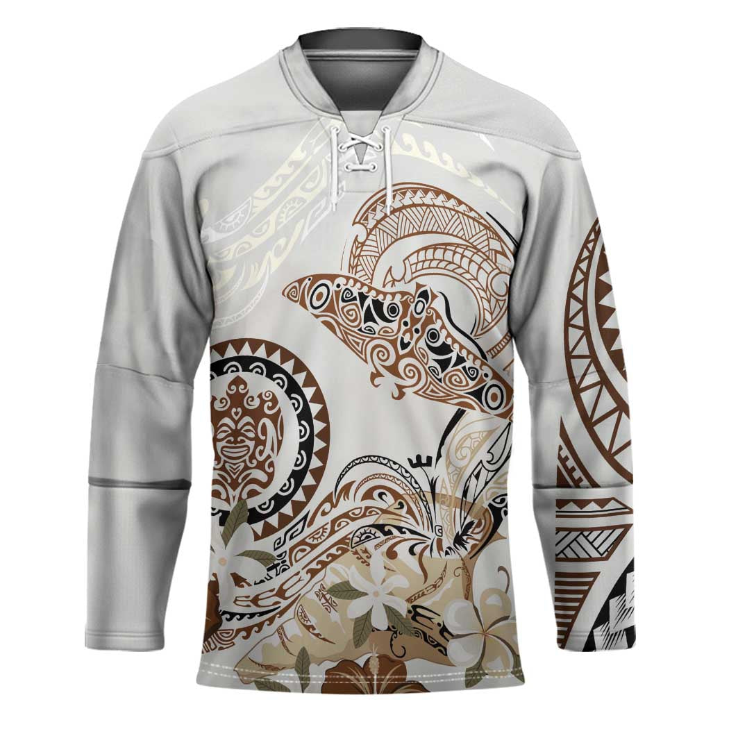 Polynesian Manta Ray Hockey Jersey Beige Floral Turtle Tattoo - Polynesian Pride