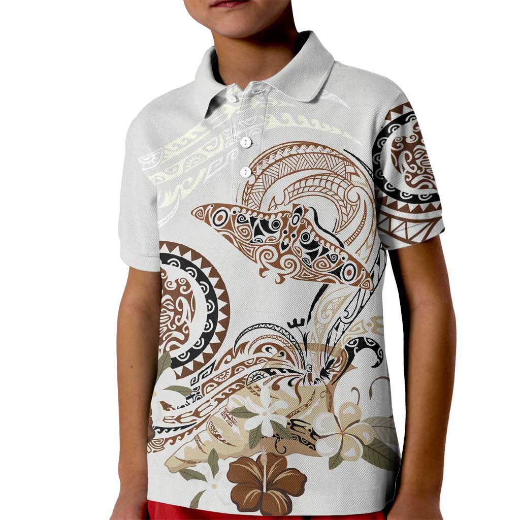 Polynesian Manta Ray Kid Polo Shirt Beige Floral Turtle Tattoo - Polynesian Pride