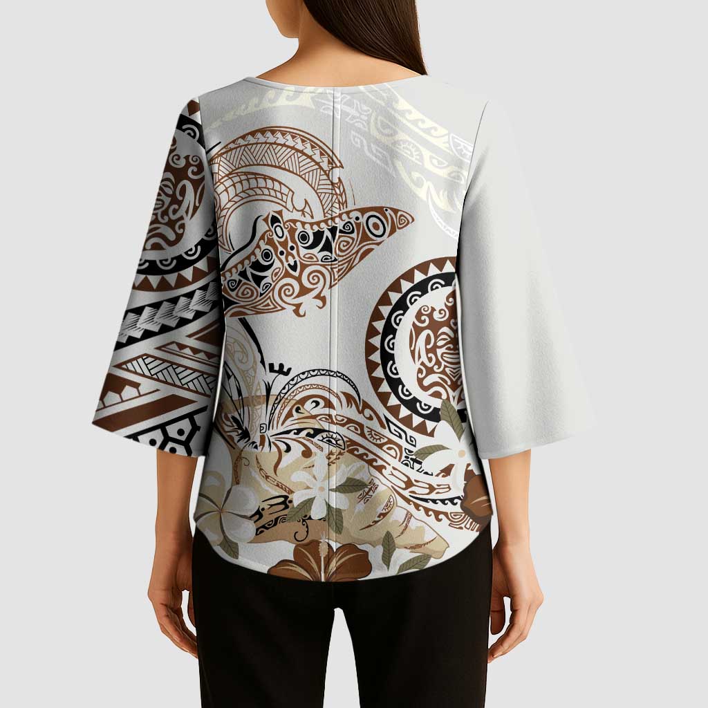 Polynesian Manta Ray Kimono Sleeve Blouse Beige Floral Turtle Tattoo - Polynesian Pride