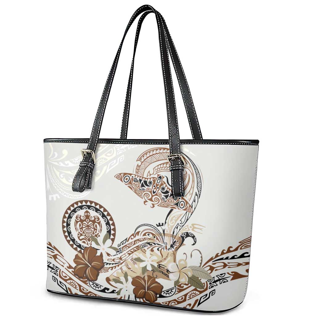 Polynesian Manta Ray Leather Tote Bag Beige Floral Turtle Tattoo - Polynesian Pride