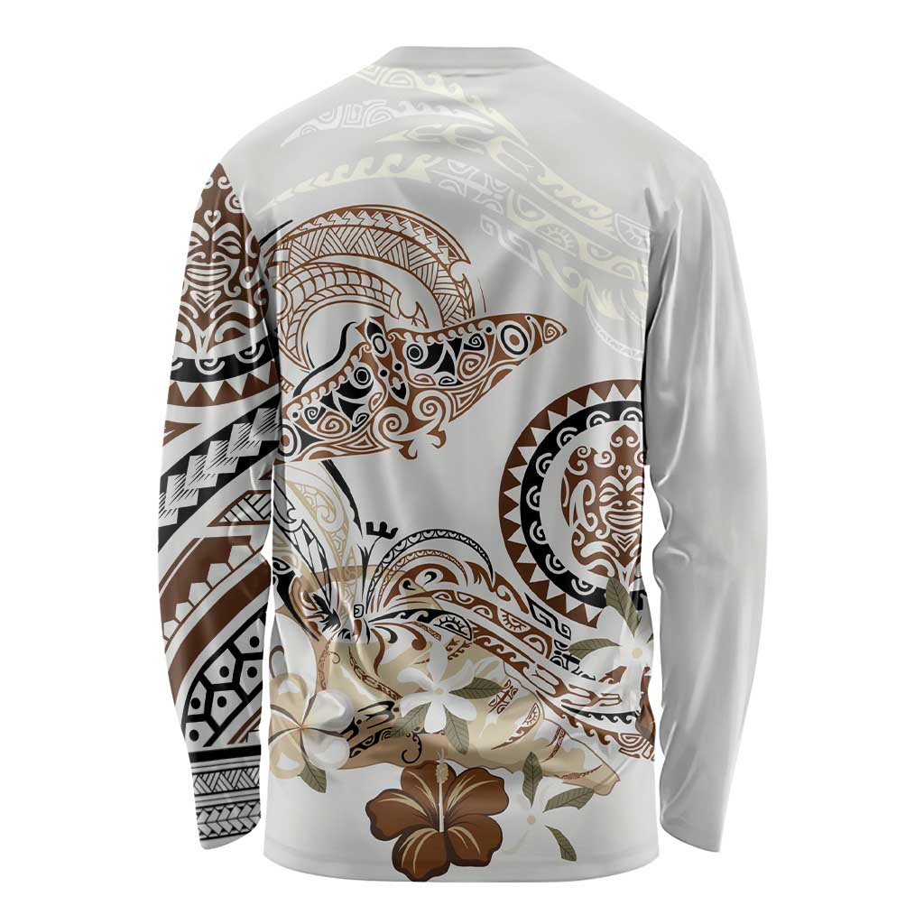 Polynesian Manta Ray Long Sleeve Shirt Beige Floral Turtle Tattoo - Polynesian Pride
