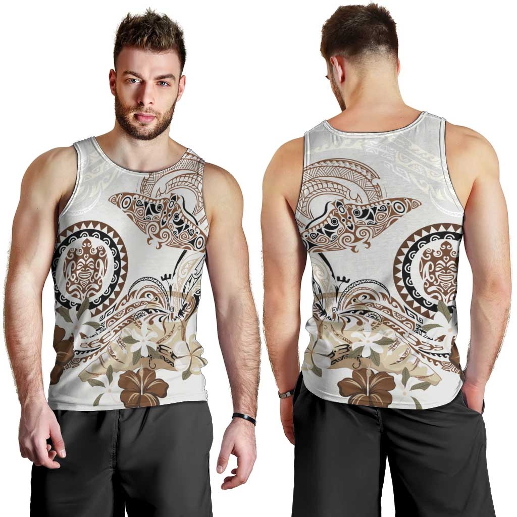 Polynesian Manta Ray Men Tank Top Beige Floral Turtle Tattoo - Polynesian Pride