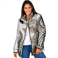 Polynesian Manta Ray Padded Jacket Beige Floral Turtle Tattoo - Polynesian Pride
