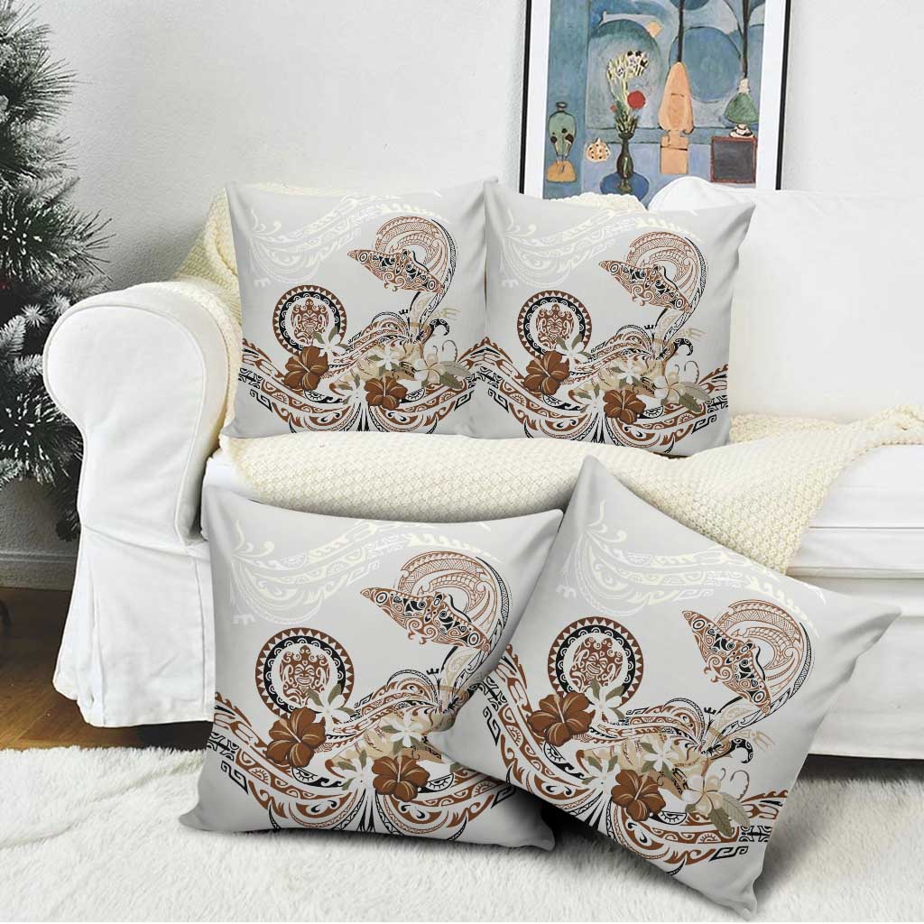 Polynesian Manta Ray Pillow Cover Beige Floral Turtle Tattoo - Polynesian Pride