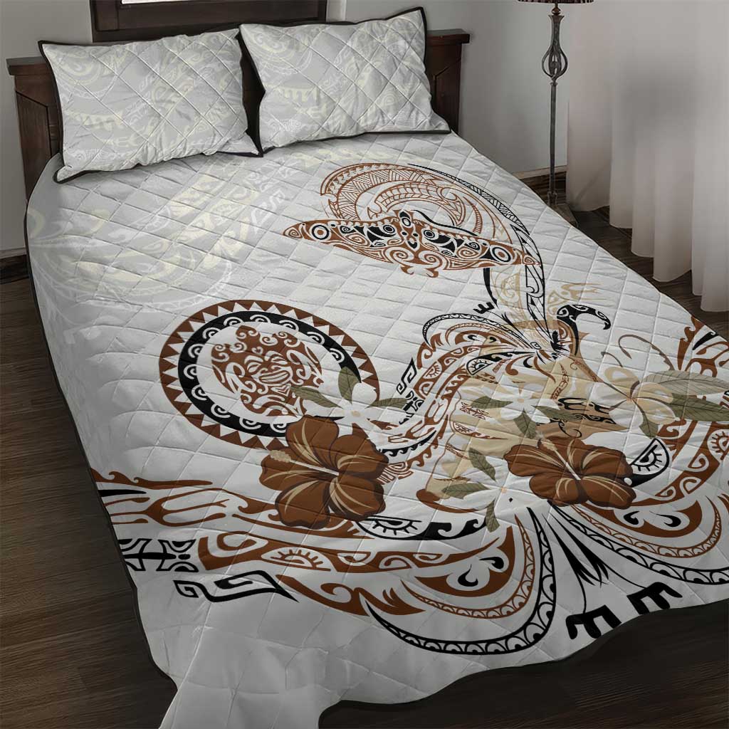 Polynesian Manta Ray Quilt Bed Set Beige Floral Turtle Tattoo - Polynesian Pride