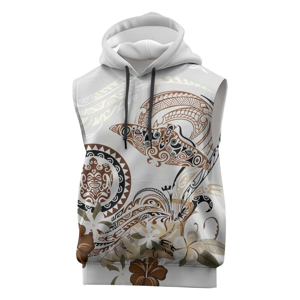 Polynesian Manta Ray Sleeveless Hoodie Beige Floral Turtle Tattoo - Polynesian Pride