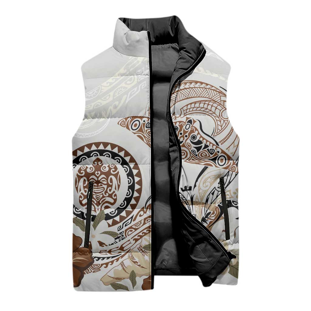 Polynesian Manta Ray Sleeveless Puffer Jacket Beige Floral Turtle Tattoo - Polynesian Pride