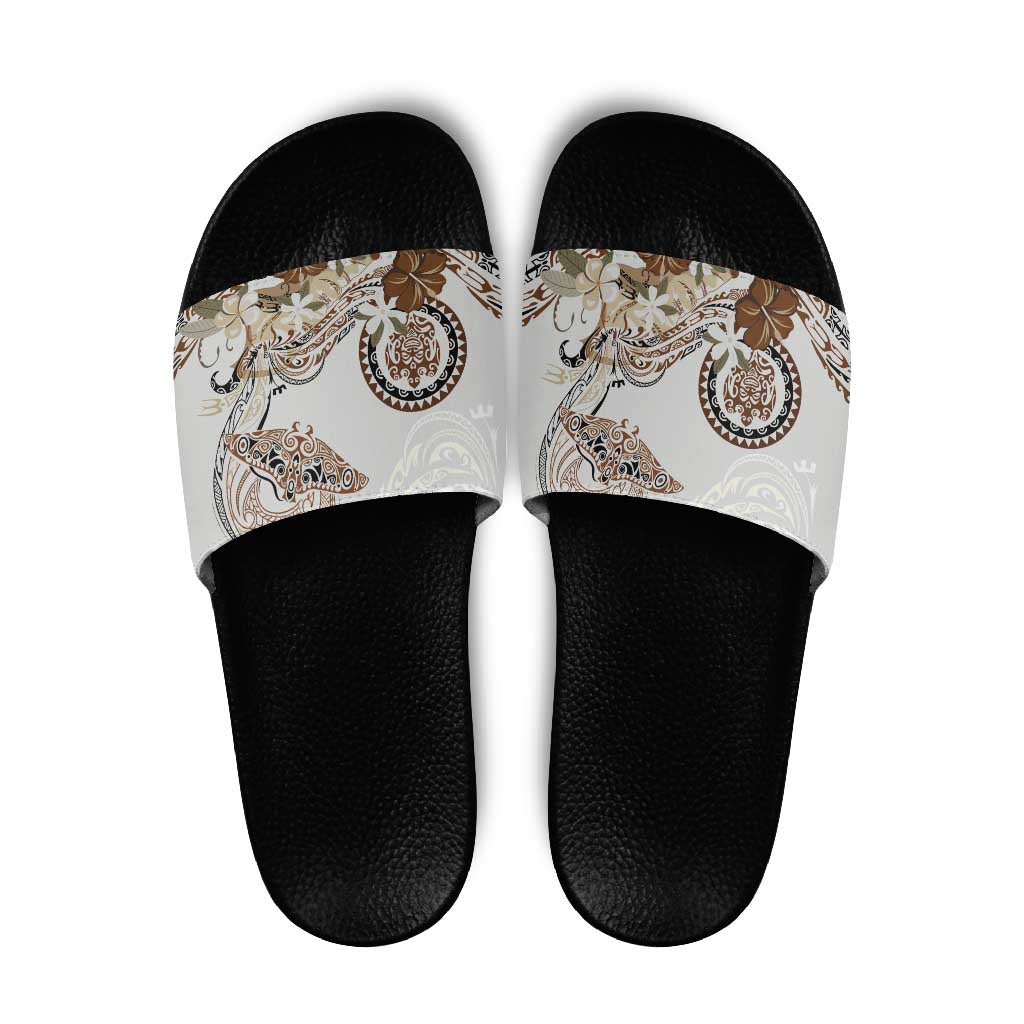 Polynesian Manta Ray Slide Sandals Beige Floral Turtle Tattoo - Polynesian Pride