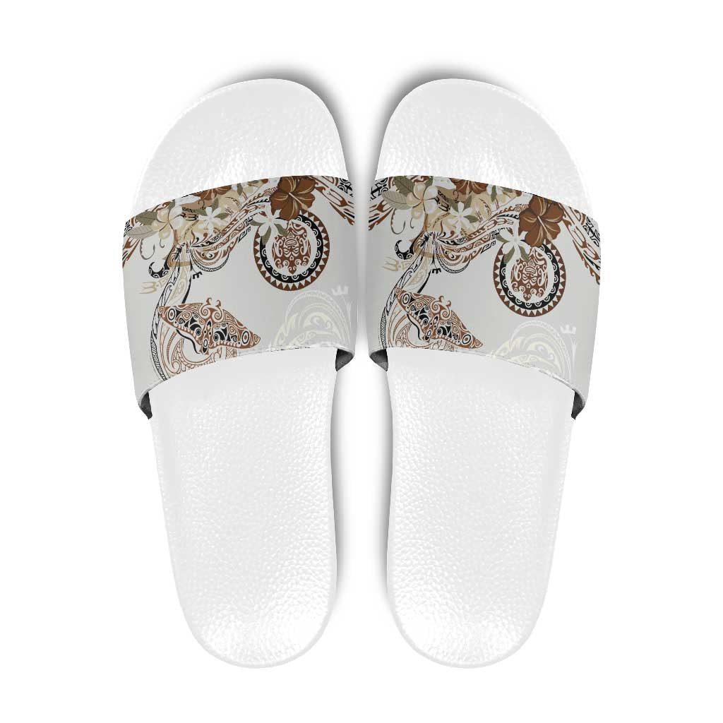 Polynesian Manta Ray Slide Sandals Beige Floral Turtle Tattoo - Polynesian Pride