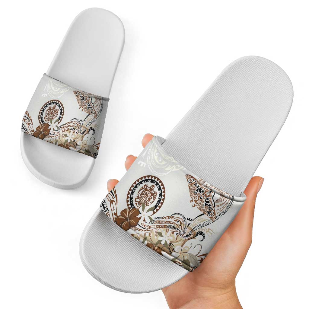 Polynesian Manta Ray Slide Sandals Beige Floral Turtle Tattoo - Polynesian Pride
