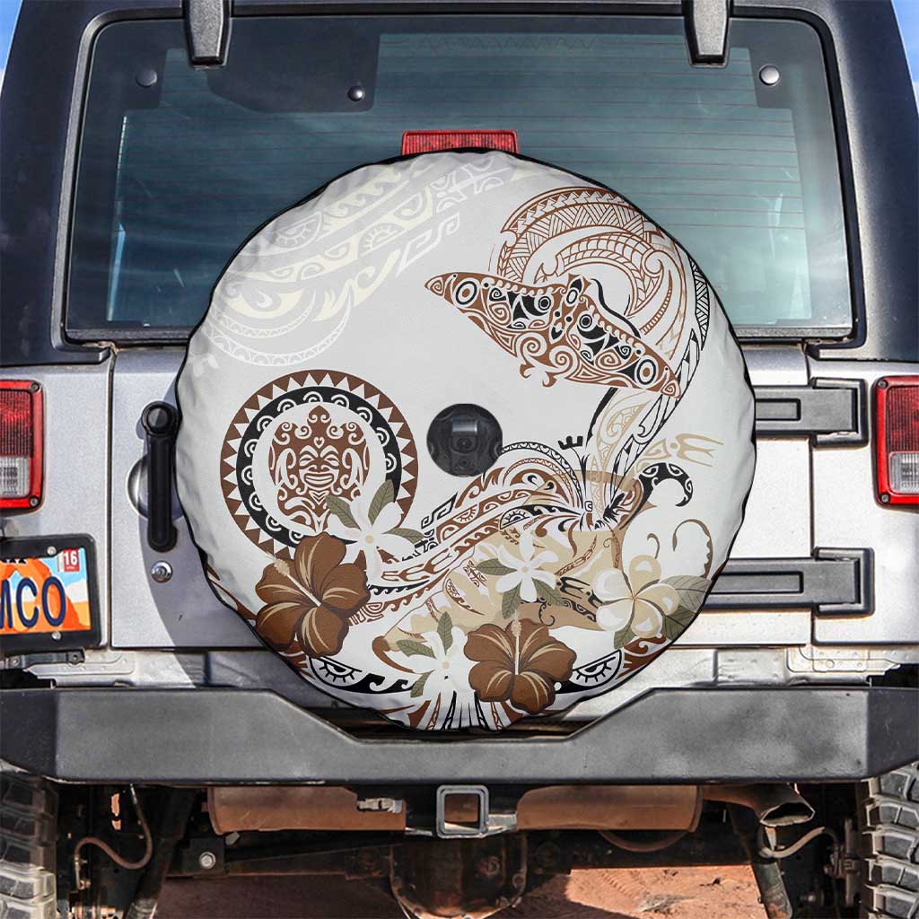 Polynesian Manta Ray Spare Tire Cover Beige Floral Turtle Tattoo - Polynesian Pride